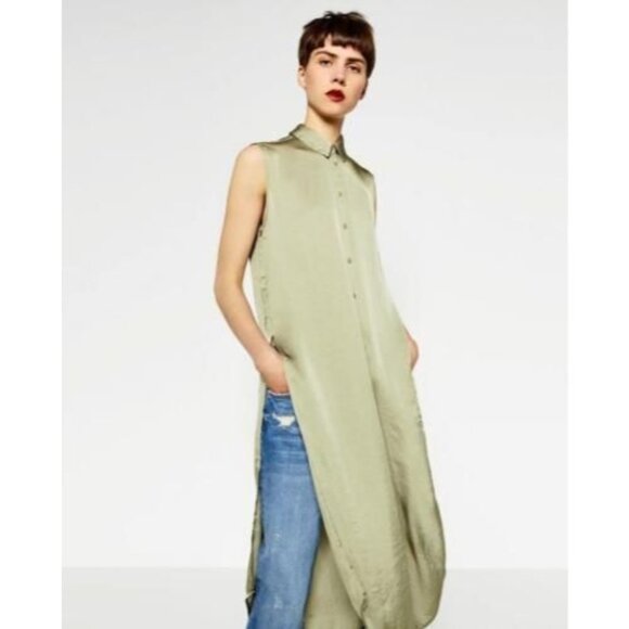 Zara Woman Olive Green Sleeveless Maxi Button-Down Shirt blouse tunic Floral - Picture 1 of 16